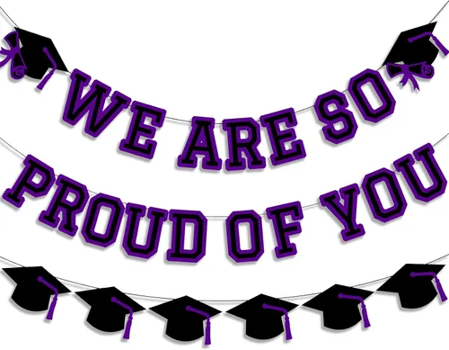 Vista 23 de Letrero con texto en inglés «We Are So Proud Of You», decoración de fiesta de graduación, guirnalda de tapa de felicitaciones, letrero de pared, Azul