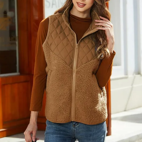 Vista 3 de Vipwest Chaleco sherpa de forro polar mullido para mujer, para otoño e invierno, con cuello alto, ligero, sin mangas, (S-5XL)