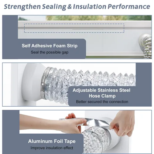 Vista 6 de Kit de ventilación de ventana Flamorrow con cubierta exterior Compatible con manguera de 3" y 4", paneles ajustables de sello de ventilación