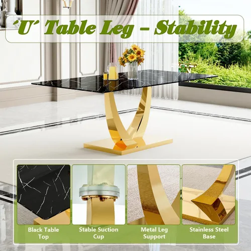 Vista 5 de Juego de mesa de comedor negra para 4, 63 x 35.4 x 30 pulgadas, mesa de comedor moderna rectangular con patas y base de acero inoxidable, sillas