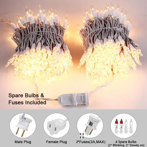 Vista 7 de ODEETRONIC Luces cálidas de Navidad - 100 bombillas, 6.6 metros de longitud, luces intermitentes y constantes transparentes, con certificación UL