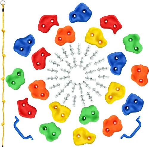 Vista 2 de Rainbow Craft Soportes de escalada en roca de mono para niños, 20 soportes de pared de roca, 2 asas y 1 cuerda de escalada anudada de 8 pies, kit