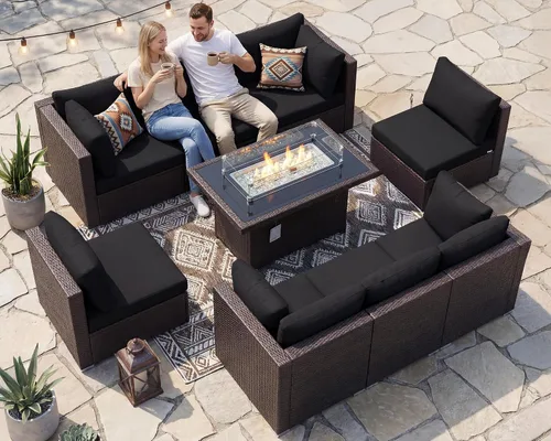 Vista 36 de NICESOUL Juego de muebles de patio de ratán extra grande con mesa para fogata de gas y propano, 29.3 pulgadas, respaldo alto, cómodos conversaciones