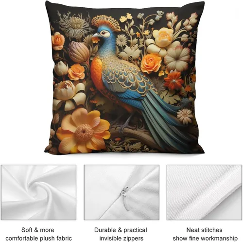 Vista 6 de Fundas cuadradas decorativas de Acción de Gracias, diseño de pájaros, flores, decoración del hogar, 12 x 12 pulgadas, otoño, Acción de Gracias
