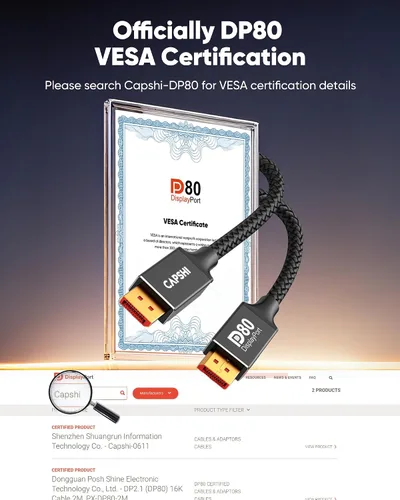 Vista 2 de Capshi Cable DisplayPort 2.1 DP80 (certificado VESA), cable DP 2.1a de 80 Gbps (8K @240Hz, 4K @540Hz 360Hz 240Hz), cable de puerto de pantalla