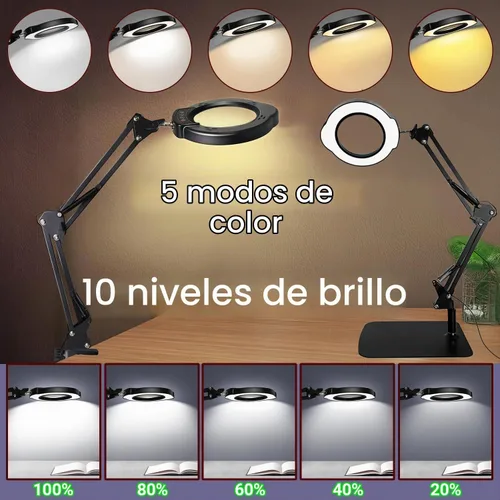 Vista 4 de Lupa 15X con luz y soporte, 5 modos de color, 10 niveles de brillo ajustable, lámpara de escritorio 2 en 1 con abrazadera, lupa de luz LED manos