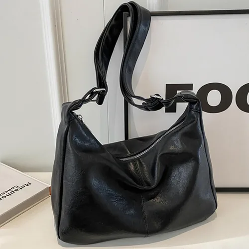 Vista 2 de Bolsos Hobo holgados para mujer, de cuero vegano, bolso de hombro marrón para uso diario, bolso cruzado diario