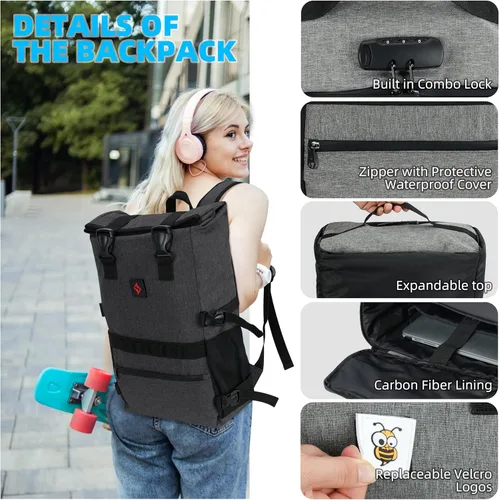 Vista 5 de zazzy Mochila con candado, mochila de viaje, mochila de viaje para hombres y mujeres, Negro expandible, Mochila