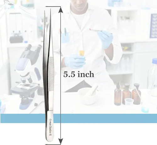 Vista 4 de Pinzas quirúrgicas de micro precisión con puntas dentadas, pinzas de laboratorio de acero inoxidable, puntas rectas de punta fuerte, 5.5 pulgadas