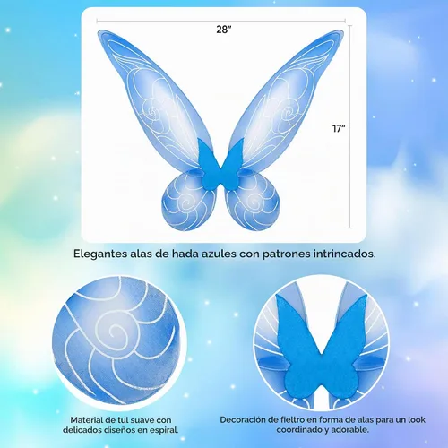Vista 2 de Funcredible Alas de hada, corona y purpurina, accesorios de disfraz de hada, disfraz de mariposa, disfraces de Halloween para mujer Azul