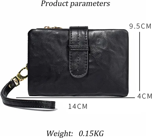 Vista 3 de Carteras pequeñas de cuero Rfid para mujer, billeteras dobladas medianas para mujer, cartera compacta y triple plegable con correa para la muñeca