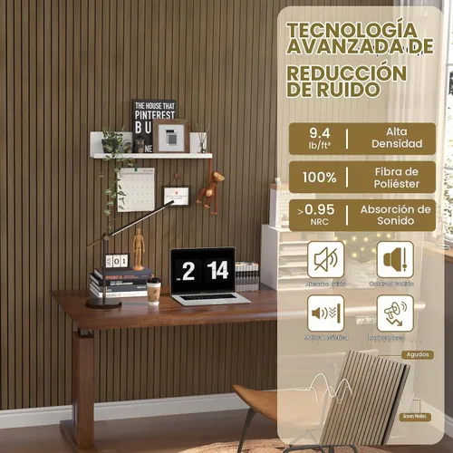 Vista 5 de Paquete de 4 paneles acústicos de madera para pared y techo (47.2 x 23.6 pulgadas), elegantes paneles de listones insonorizados con acabado