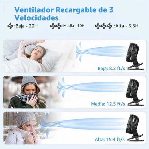 Vista 2 de ATEngeus Ventilador de escritorio recargable con clip USB, 3 velocidades, batería de 5000mAh, rotación de 720, abrazadera resistente para el hogar