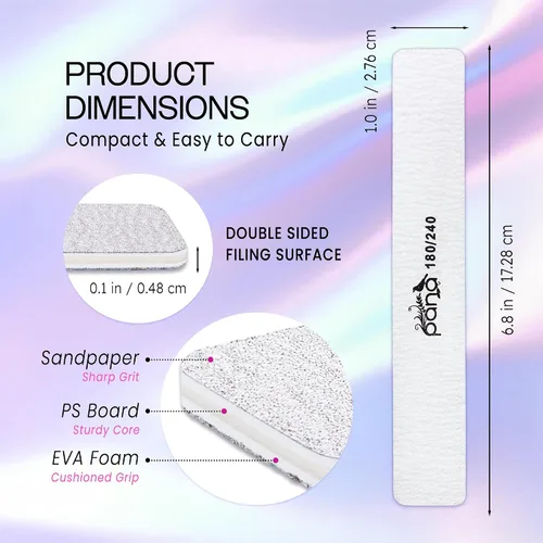 Vista 3 de PANA Lima de uñas Emery Jumbo de doble cara para manicura, pedicura, uñas naturales y acrílicas, cebra (grano 180/240), paquete de 50