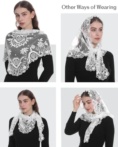 Vista 5 de Bozidol Velo de mantilla triangular para mujer estilo español bordado de camelia bufanda de encaje con flecos para misa latina