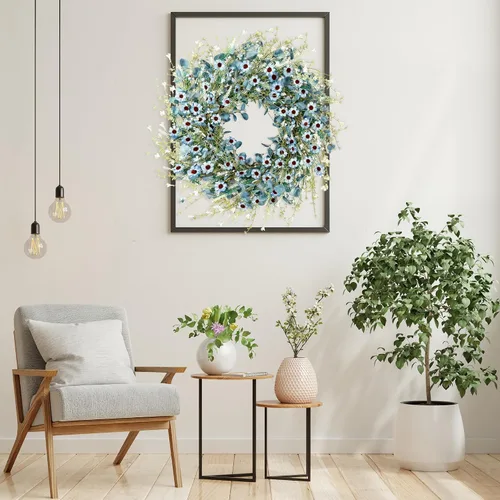 Vista 4 de Sggvecsy Corona de margaritas azules de 24 pulgadas para primavera y verano, corona floral de seda falsa con hojas de eucalipto verdes y lavanda