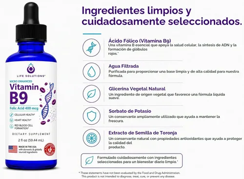 Vista 4 de Life Solutions Gotas líquidas de vitamina B9, ácido fólico 400 mcg, 2 onzas