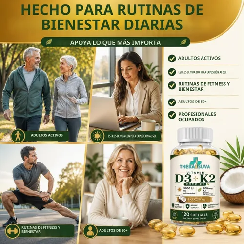 Vista 5 de TheraSuva Vitamina D3 + K2 con aceite de coco orgánico, 120 cápsulas