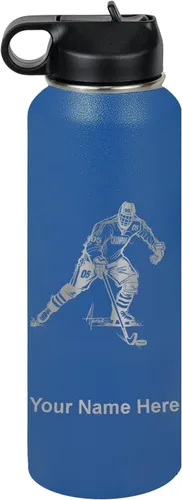 Vista 24 de LaserGram Botella de agua personalizada, jugador de hockey, acero inoxidable de doble pared aislada al vacío con popote superior, regalo grabado