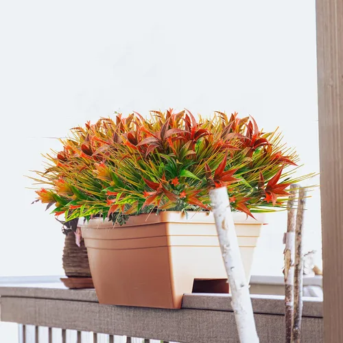 Vista 5 de Uieke 6 plantas artificiales para exteriores, resistentes a los rayos UV, flores falsas de gloria matutina con hierba naranja, flores tropicales