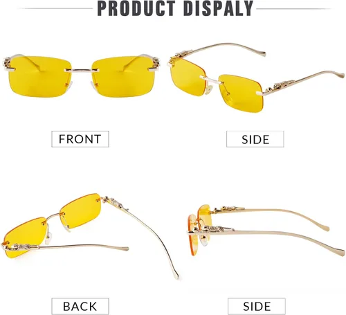 Vista 5 de Laurinny Retro Rectangle Sunglasses Women Men 90s Rimless Trendy Metal Glasses Spring Hinge Candy
