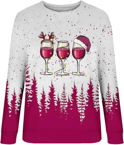 Vista 2 de Suéter de manga larga con capucha para mujer, diseño de copa de vino, con estampado de copa de vino, cuello redondo, sudadera de invierno y Navidad