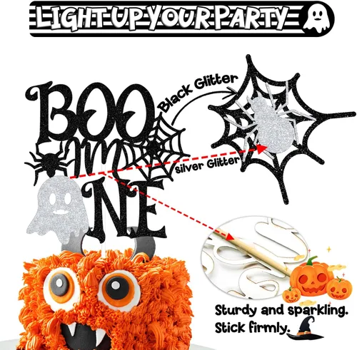 Vista 3 de Decoración negra para tartas "I'm One" con purpurina negra, The Spooky One/Baby Boo, decoración de fiesta de baby shower con temática de Halloween