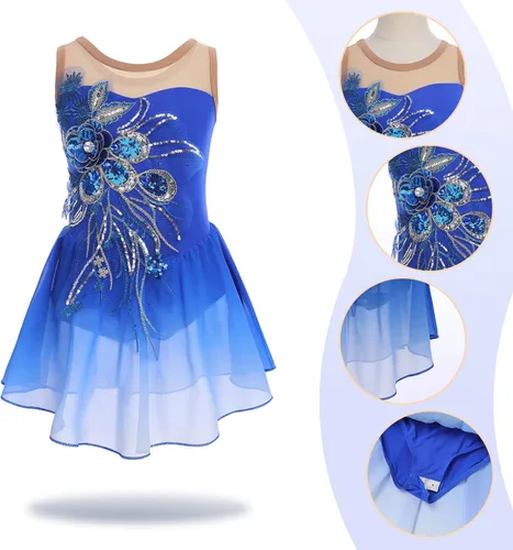 Vista 3 de Vestido de patinaje artístico sobre hielo para niñas, lentejuelas brillantes, malla transparente, gasa, ballet, danza, leotardo, trajes de bailarina