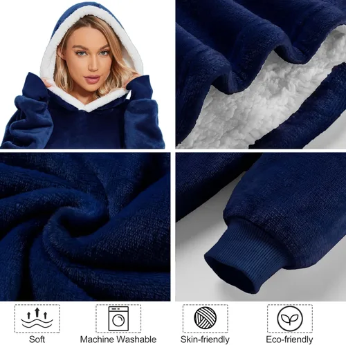 Vista 5 de Manta con capucha portátil para adultos y niños, sudadera con capucha de gran tamaño, manta con capucha de forro polar Sherpa con bolsillo gigante
