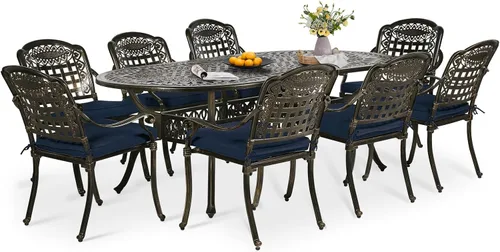 Vista 11 de Juego de comedor de patio de 9 piezas, mesa y sillas de patio al aire libre, mesa de comedor ovalada de aluminio fundido de 84 pulgadas con agujero