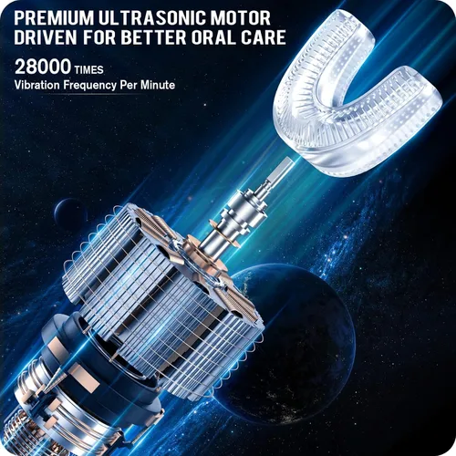 Vista 4 de RexCodar Cepillo de dientes eléctrico ultrasónico en forma de U para niños, IPX7 impermeable, cinco modos de limpieza, astronauta de dibujos