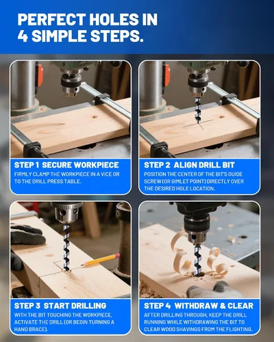 Vista 6 de Juego de brocas de taladro de 12 pulgadas para madera, 6 brocas largas de 1/4 a 7/8 pulgadas, brocas de punta de tornillo de alimentación automática