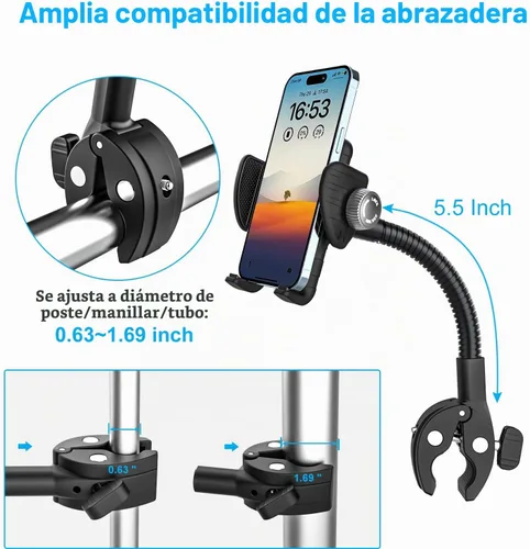 Vista 5 de Soporte de teléfono para cochecito de bebé, soporte de teléfono flexible para bicicleta, scooter, bicicleta de ejercicio, cinta de correr