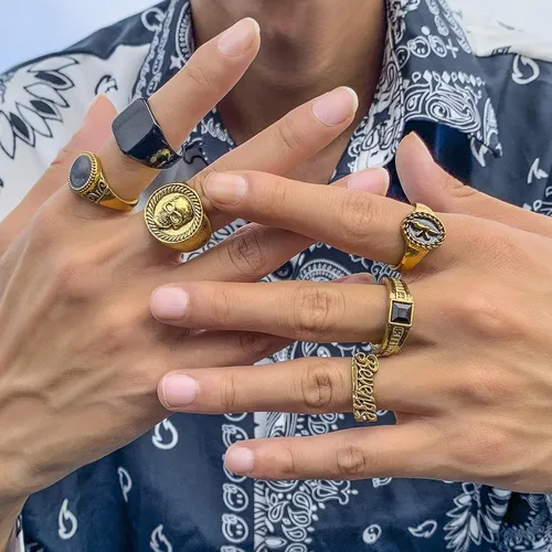 Vista 6 de Anillos punk vintage de oro y plata para hombres y mujeres, juego de anillos góticos geniales, anillos de nudillos apilables gruesos, anillos