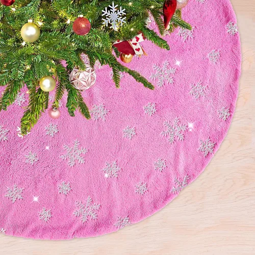 Vista 17 de Falda de árbol pequeña de 24 pulgadas, falda de árbol de piel sintética blanca de Navidad de 4 pies, mini copos de nieve de lentejuelas doradas