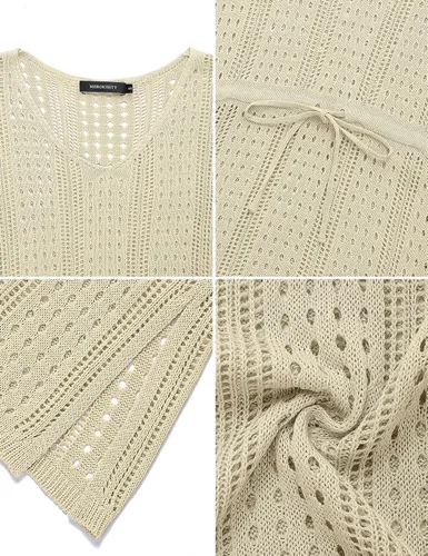Vista 5 de MEROKEETY Pareos de traje de baÃ±o de ganchillo para mujer, manga corta, lazo en la cintura, ropa de playa