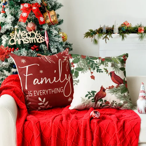 Vista 3 de AVOIN colorlife Fundas de Cojines Decorativos Navideños Cardinal Home Sweet Home Poinsettia Bayas de Acebo, 16 x 16 Pulgadas Family is Everything