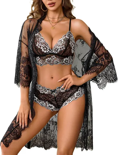 Vista 15 de Avidlove Conjunto de lencería de 3 piezas para mujer, bata de encaje Negro