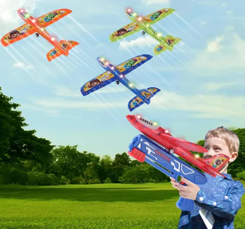 Vista 11 de Paquete de 3 lanzadores de aviones de juguete para niños, planeador de espuma ligera LED con lanzador de avión para jugar al aire libre, juguete