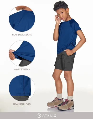 Vista 5 de ATHLIO Paquete de 2 camisetas de manga corta UPF 50+ para niños para exteriores, camiseta de natación para surf acuático, camiseta de natación UVSPF