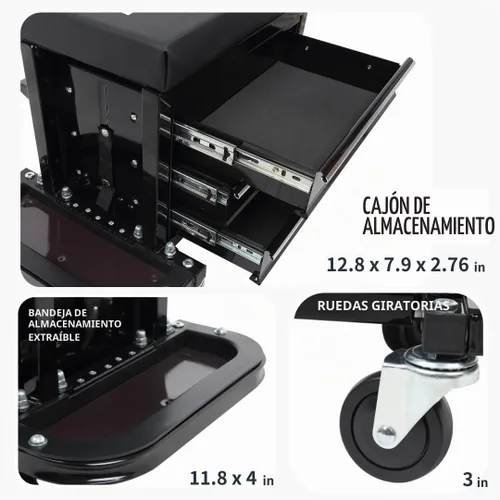 Vista 4 de Pro-Lift Mecánico - Asiento de rodillo con caja de herramientas, taburete de 3 cajones con cojín de asiento acolchado para enredadera de garaje