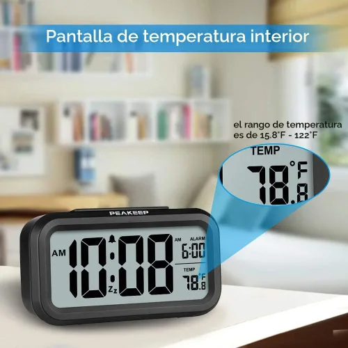 Vista 4 de Reloj despertador digital con luz nocturna Peakeep Temperatura interior con pilas Pequeño reloj inalámbrico lindo para dormitorio, escritorio