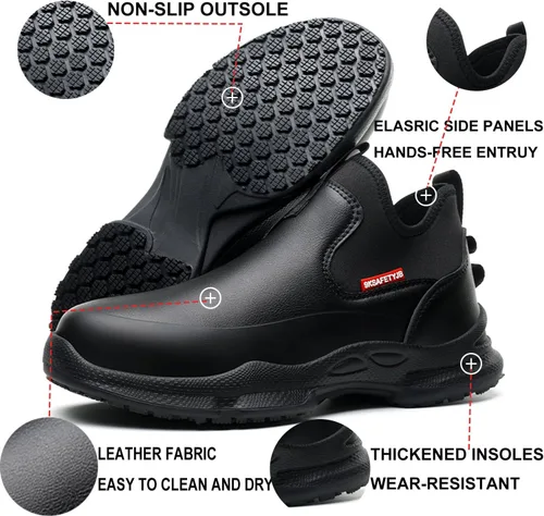 Vista 6 de PJZHJ Zapatos de trabajo antideslizantes resistentes al agua y al aceite, zapatos de servicio de alimentos, cómodos zapatos de chef sin cordones