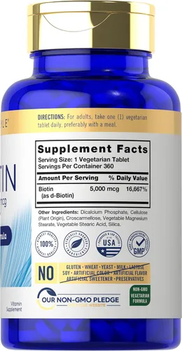 Vista 2 de Carlyle Biotin 5000mcg 360 tabletas vegetarianas Suplemento de fórmula de belleza para cabello, piel y uñas Sin OMG, sin gluten