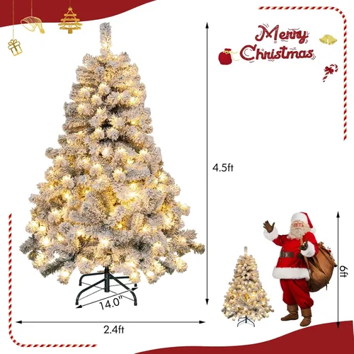 Vista 7 de DORTALA - Árbol de Navidad artificial preiluminado con copos, de 4.5 pies, con 150 luces LED blancas cálidas, 295 puntas de ramas, soporte metálico
