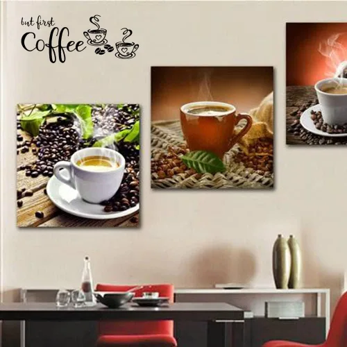 Vista 5 de Pegatina de vinilo para pared con texto en inglés «But First Coffee» para cafetería, cocina, hogar, decoración de pared