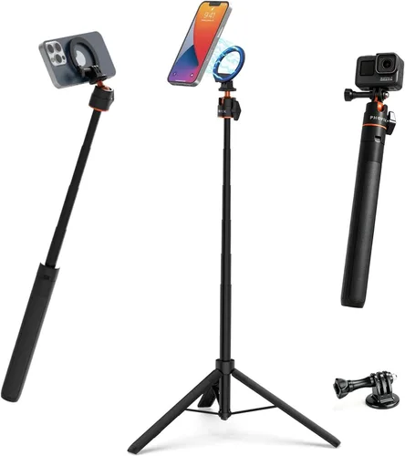 Vista 10 de PHOPIK Trípode magnético para teléfono selfie stick de 35 pulgadas, trípode extensible para teléfono con zapata fría y control remoto, compatible