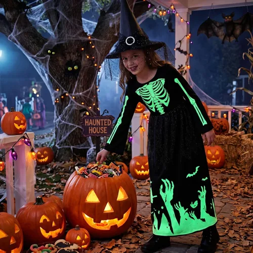 Vista 5 de Baluue Vestido de Halloween que brilla en la oscuridad, disfraz de bruja