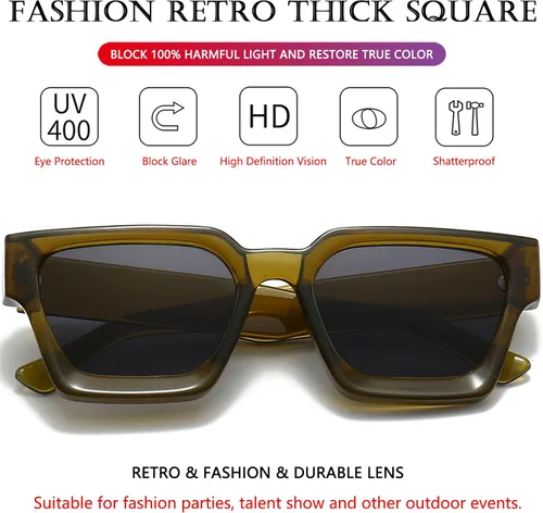Vista 112 de AIEYEZO Gafas de sol cuadradas para mujeres y hombres, gafas de sol cuadradas con montura gruesa, estilo de diseñador simple