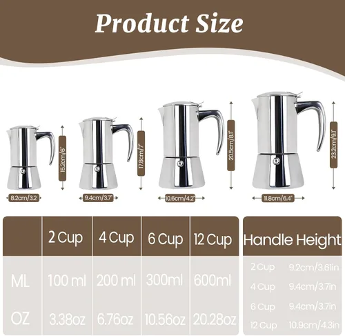 Vista 2 de Olla de café espresso italiano de acero inoxidable 304 de 2 tazas de 3.5 onzas líquidas, cafetera para estufa, cafetera de moca, para estufa